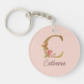 Naam op maat Goud Folie Blush Roze Rozen Letter C Sleutelhanger (Voorkant)