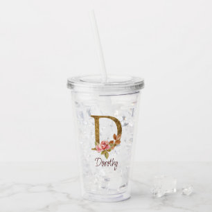 Naam op maat Goud Folie Blush Roze Rozen Letter D Acryl Drinkbeker
