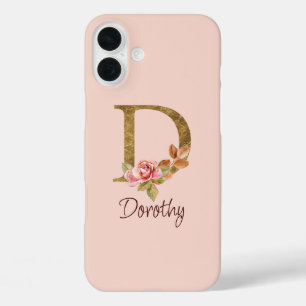 Naam op maat Goud Folie Blush Roze Rozen Letter D iPhone 16 Plus Hoesje