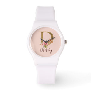Naam op maat goud folie blush roze rozen letter D Horloge