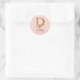 Naam op maat goud folie blush roze rozen letter D Ronde Sticker
