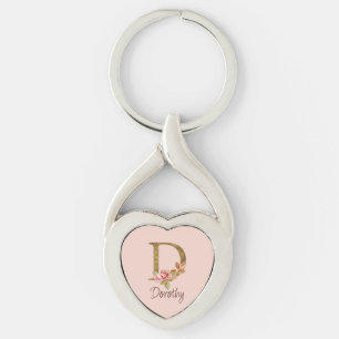 Naam op maat goud folie blush roze rozen letter D Sleutelhanger