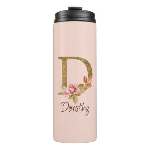 Naam op maat goud folie blush roze rozen letter D Thermosbeker