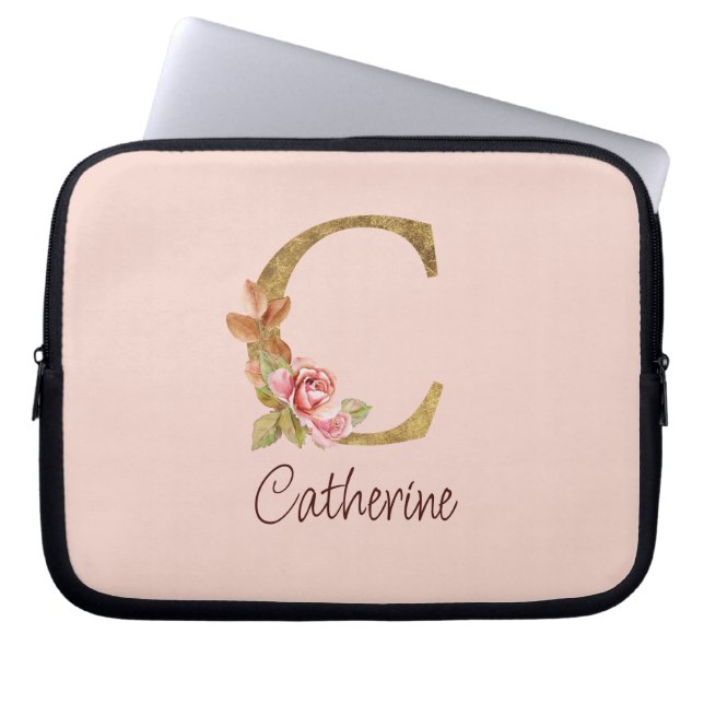 Naam op maat Goud Folie Roze Rozen Letter C Laptop Sleeve (Voorkant)