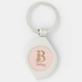 Naam op maat Gouden Folie Roze Rozen Letter B Sleutelhanger