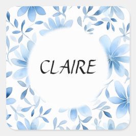 Naam op mooi blauw pastel bloempatroon vierkante sticker