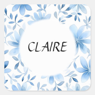 Naam op mooi blauw pastel bloempatroon vierkante sticker