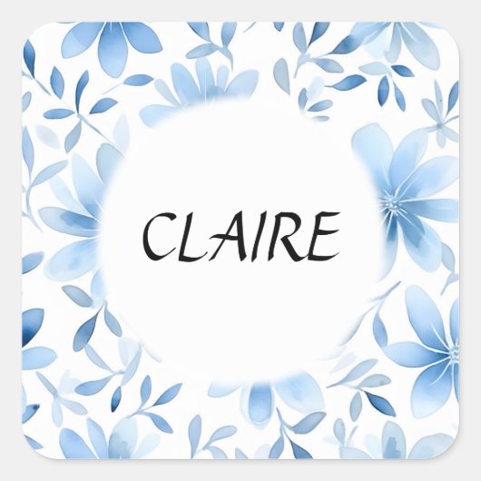 Naam op mooi blauw pastel bloempatroon vierkante sticker (Voorkant)