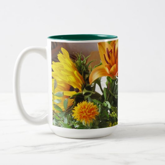 Naam op Mooie Herfst Zonnebloemen 15oz Tweekleurige Koffiemok (Links)