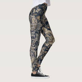 Naam op Navy Goud Botanisch Textielpatroon Leggings