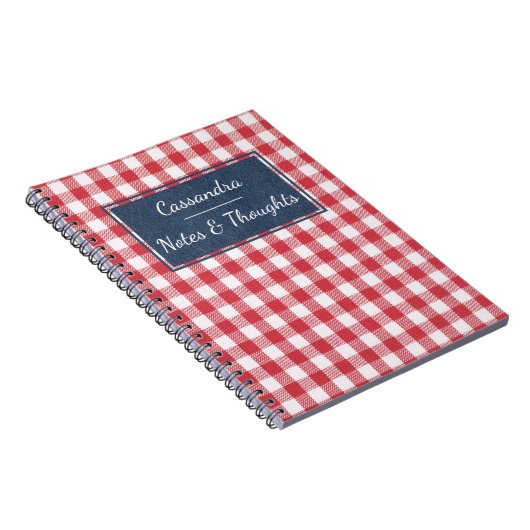 Naam op Red & White Gingham Check Blue Denim Notitieboek (Rechterzijde)