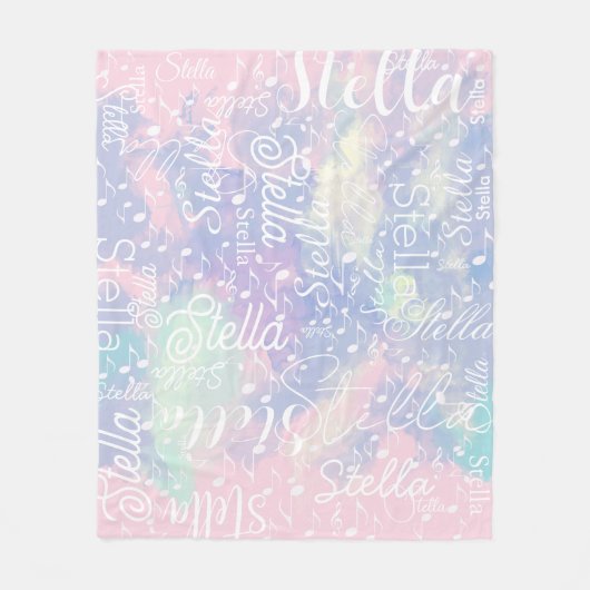 Naam op Roze Blauwe Waterverf met Muzieknoten Fleece Deken (Voorkant)