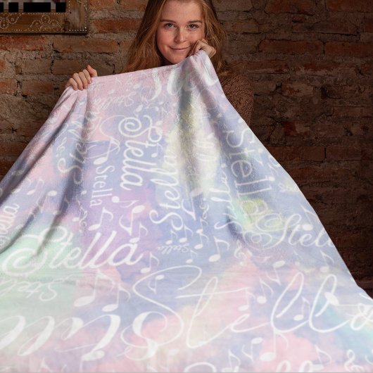 Naam op Roze Blauwe Waterverf met Muzieknoten Fleece Deken