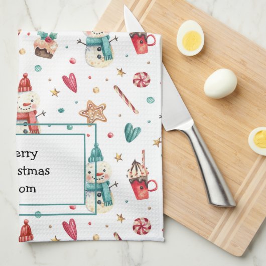 Naam op Schattigee Sneeuwman Sweets Keukenhanddoek (Quarter Fold)