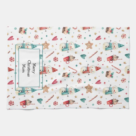 Naam op Schattigee Sneeuwman Sweets Keukenhanddoek (Horizontaal)