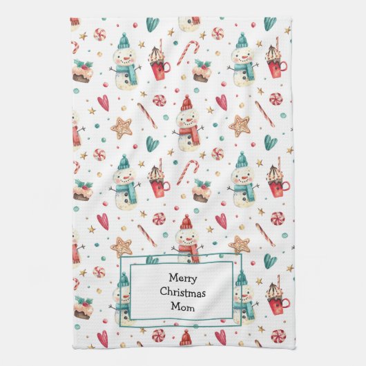 Naam op Schattigee Sneeuwman Sweets Keukenhanddoek (Verticaal)
