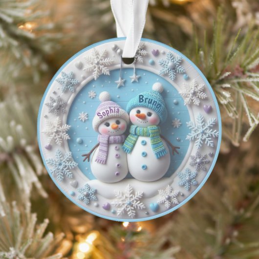 Naam op sieraad 2D Sneeuwmannen Koppel Ornament (Boom)