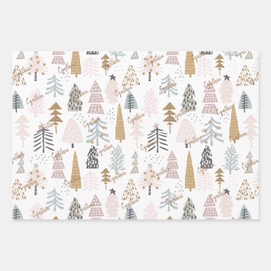 Naam op Top Sheet, 3 Wrapping Papers Moderne bomen Inpakpapier Vel (Voorkant)