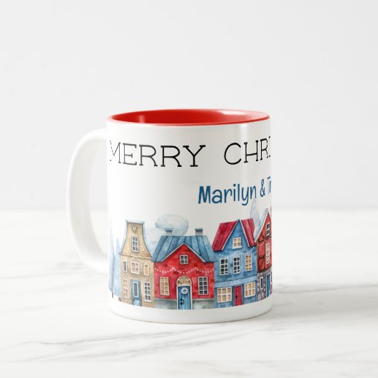 Naam op Trendy Waterverf Vrolijk kerstfeest 11oz Tweekleurige Koffiemok (Voorkant links)