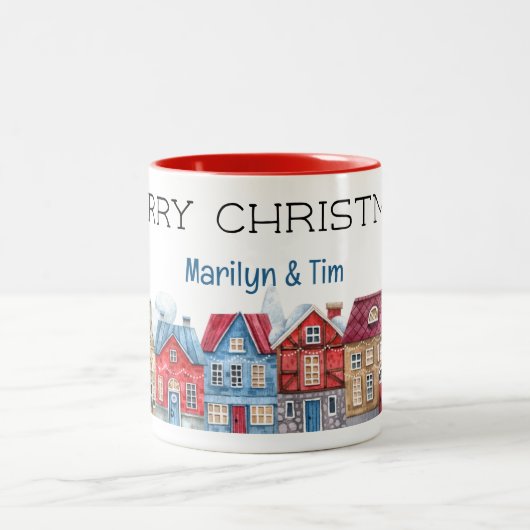 Naam op Trendy Waterverf Vrolijk kerstfeest 11oz Tweekleurige Koffiemok (Center)