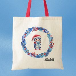 Naam op Vakantie Blauwe & Rode Pinguïn Krans Tote Bag