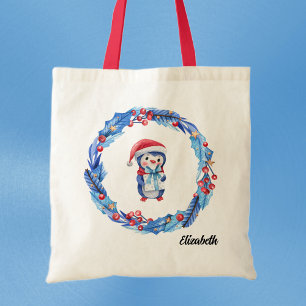 Naam op Vakantie Blauwe & Rode Pinguïn Krans Tote Bag