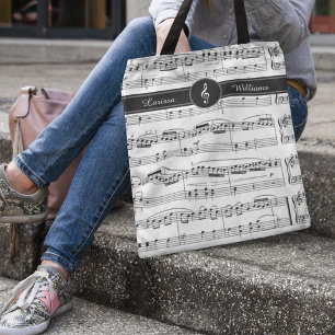 Naam op zwart-wit Muzieknoten Tote Bag
