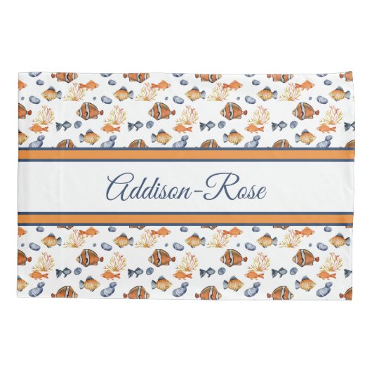 Naam Oranje White Tropical Fish Pattern Nursery Kussensloop (Achterkant)