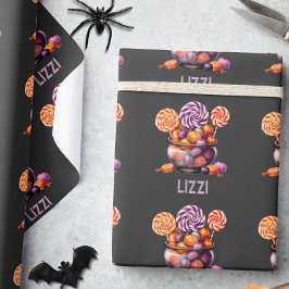 Naam Paars Oranje Trick or Treat Schattig Hallowee Cadeaupapier