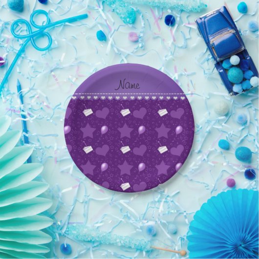 Naam paarse verjaardagstaart ballonnen hartsterren papieren bordje (Feest)