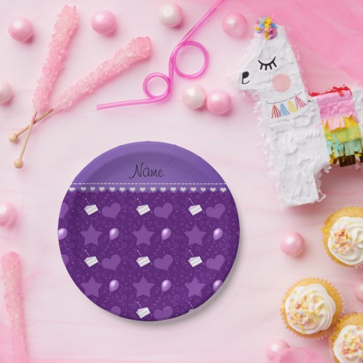 Naam paarse verjaardagstaart ballonnen hartsterren papieren bordje (Feest)