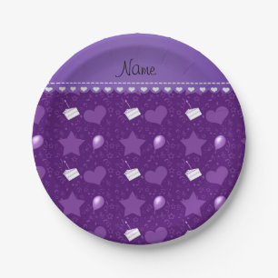 Naam paarse verjaardagstaart ballonnen hartsterren papieren bordje