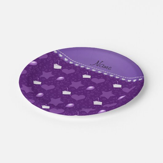 Naam paarse verjaardagstaart ballonnen hartsterren papieren bordje (Gekanteld)