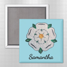 Naam, Paper Quilled Yorkshire White Rose 2-in Blau Magneet