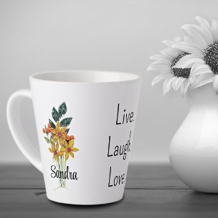 Naam, papieren geplooide bloemen positieve woorden latte mok