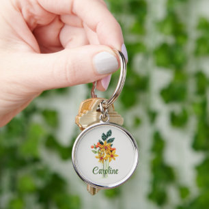 Naam, Papieren Quilled Bloemen, Kleine Ronde Zilve Sleutelhanger