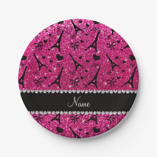 naam paris eiffel tower neon hot roze glitter papieren bordje (Voorkant)