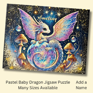 Naam, Pastel Baby Draak Roze Blauw op Donker Legpuzzel