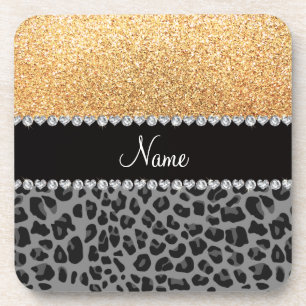 Naam pastel gele glitter zwarte leopard drankjes onderzetter