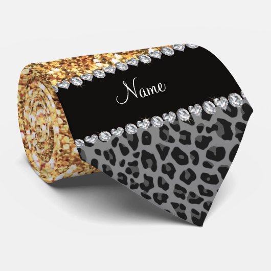 Naam pastel gele glitter zwarte leopard stropdas (Opgerold)