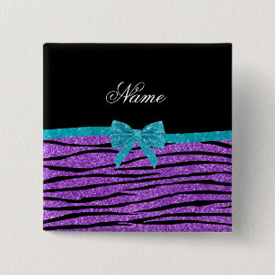 Naam pastel paarse glitter zebra turquoise bow vierkante button 5,1 cm