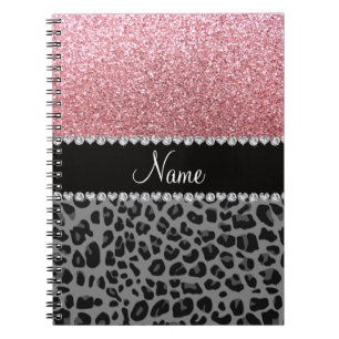Naam pastelroze glitter zwarte leopard notitieboek