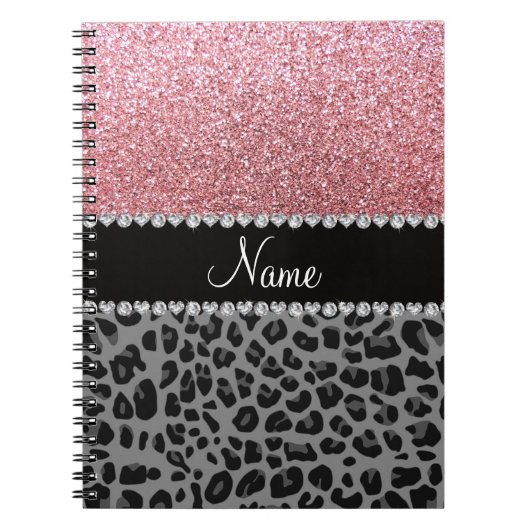 Naam pastelroze glitter zwarte leopard notitieboek (Voorkant)