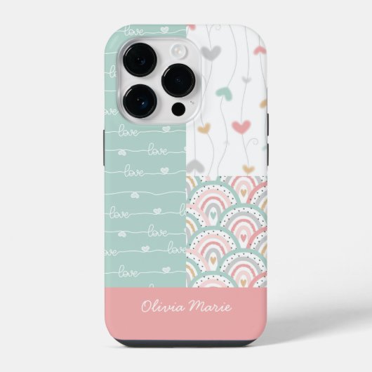 naam Patchwork Love Hearts Rainbows iPhone Hoesje (Achterkant)