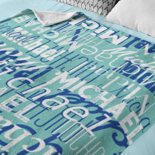 Naam Patroon Blauwgroen Blauw Typografie Gestempel Fleece Deken