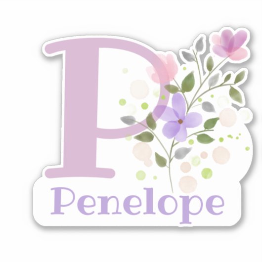 Naam Penelope plus Initiaal met Bloemendesign Sticker (Voorkant)