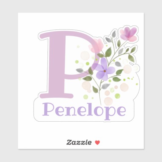 Naam Penelope plus Initiaal met Floral Design Sticker (Vel)