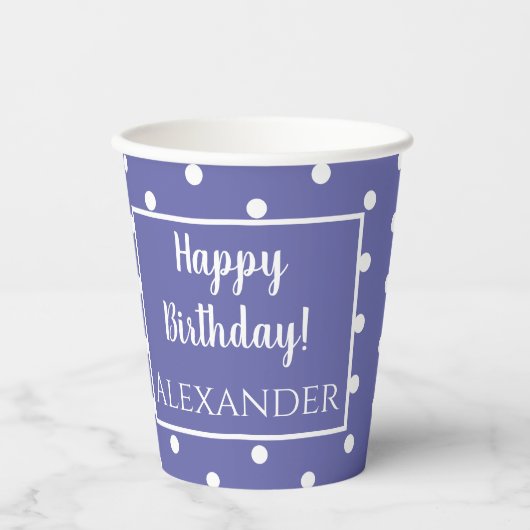 Naam Periwinkle Modern Polka Dots Birthday Papieren Bekers (Voorkant)