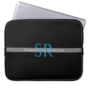 Naam personaliseren & Monogram Blauw/Witte Grijze  Laptop Sleeve