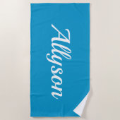 Naam personaliseren, wit script / blauw strandlaken (Voorkant)